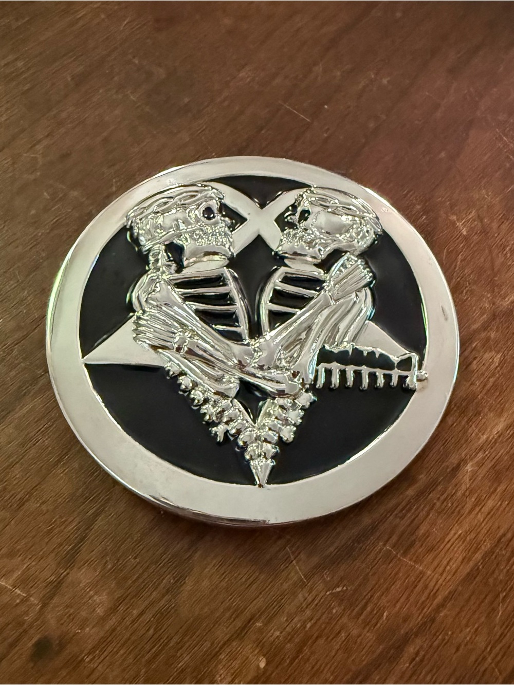 Vintage Gothic Skeleton Round Belt Buckle Heartagram Pentagram Black & Silver